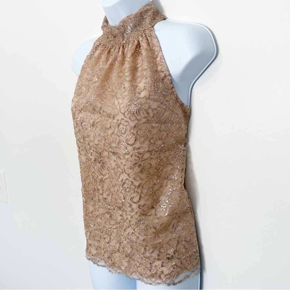 J. CREW Rose Gold Metallic Lace Halter Top Tie Neck Blouse Party Occasion Small - Picture 3 of 8